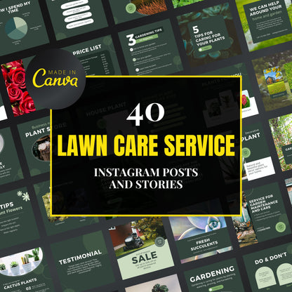 Promotional graphic for 40 lawn care service Instagram posts and stories by Made in Canva.