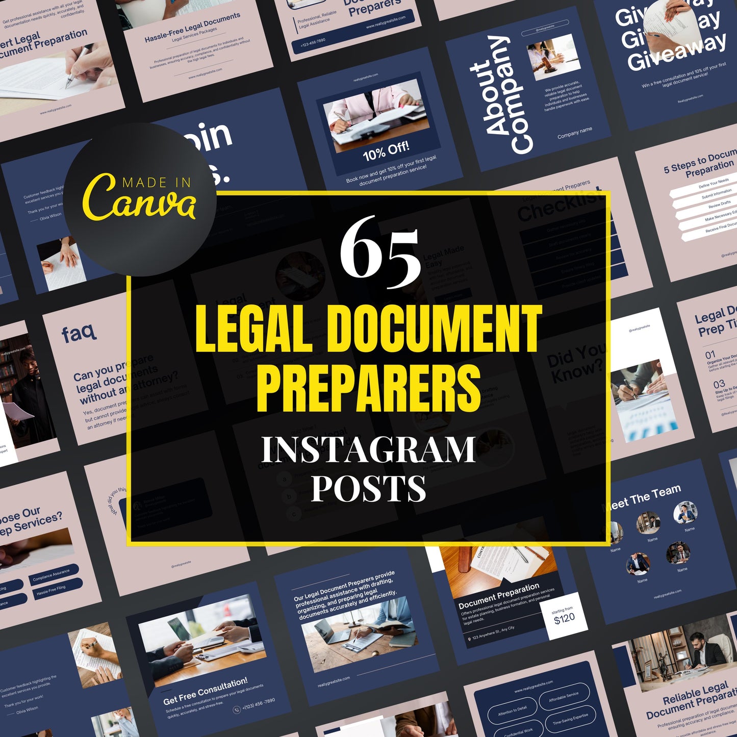 Collection of legal document preparer Instagram posts with 'Made in Canva' branding.
