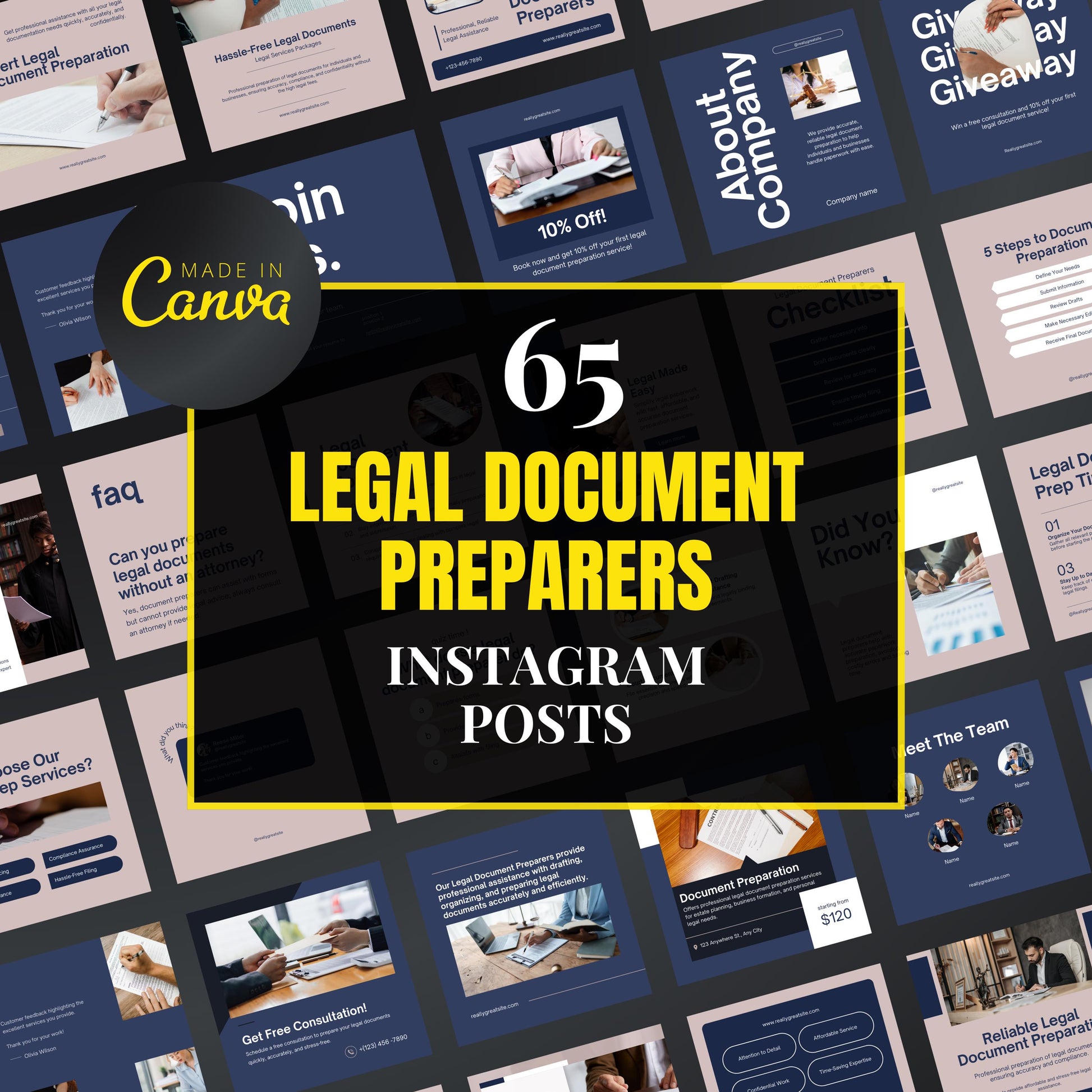 Collection of legal document preparer Instagram posts with 'Made in Canva' branding.