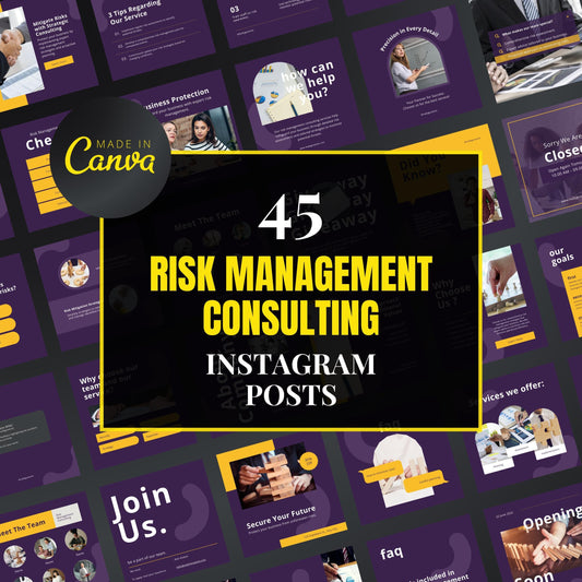 Collection of risk management consulting Instagram posts with 'Made in Canva' branding.
