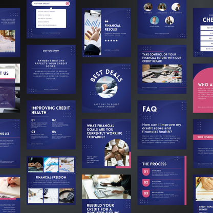 Collage of various financial services promotional materials with blue and purple color scheme.