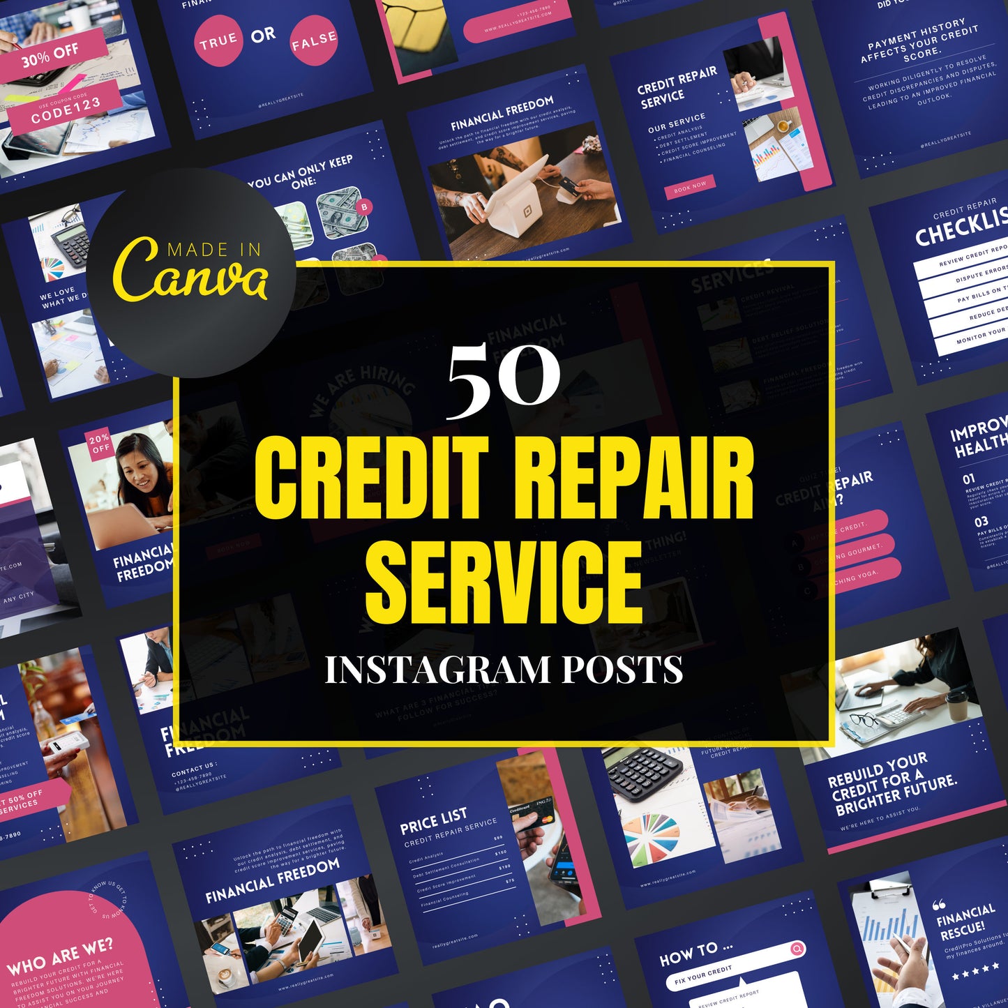 Promotional graphic for 50 credit repair service Instagram posts by Made in Canva.