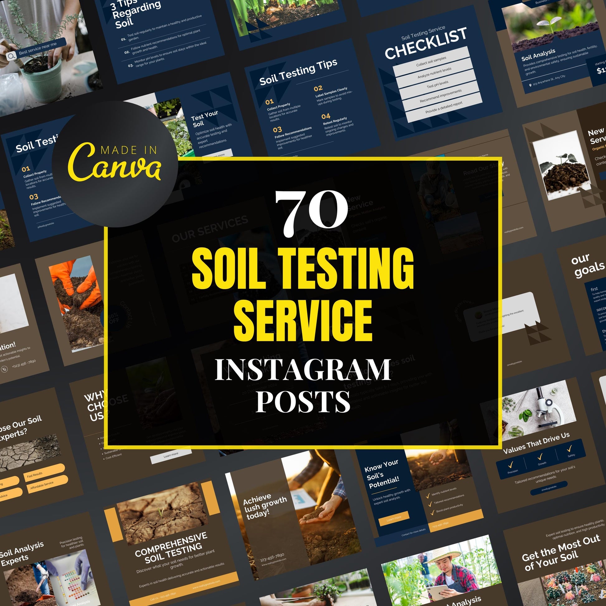 Promotional graphic for 70 soil testing service Instagram posts with 'Made in Canva' branding.