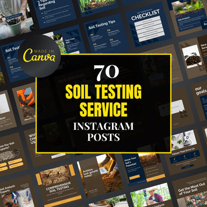 Promotional graphic for 70 soil testing service Instagram posts with 'Made in Canva' branding.