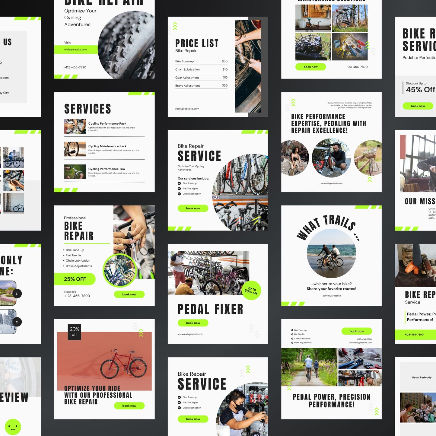 Bike Repair Canva Templates | Editable Instagram Posts for Bicycle Shops & Maintenance Services