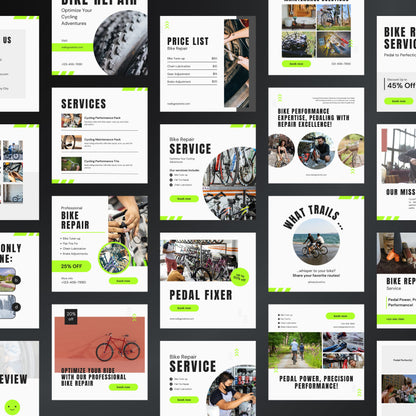 Bike Repair Canva Templates | Editable Instagram Posts for Bicycle Shops & Maintenance Services
