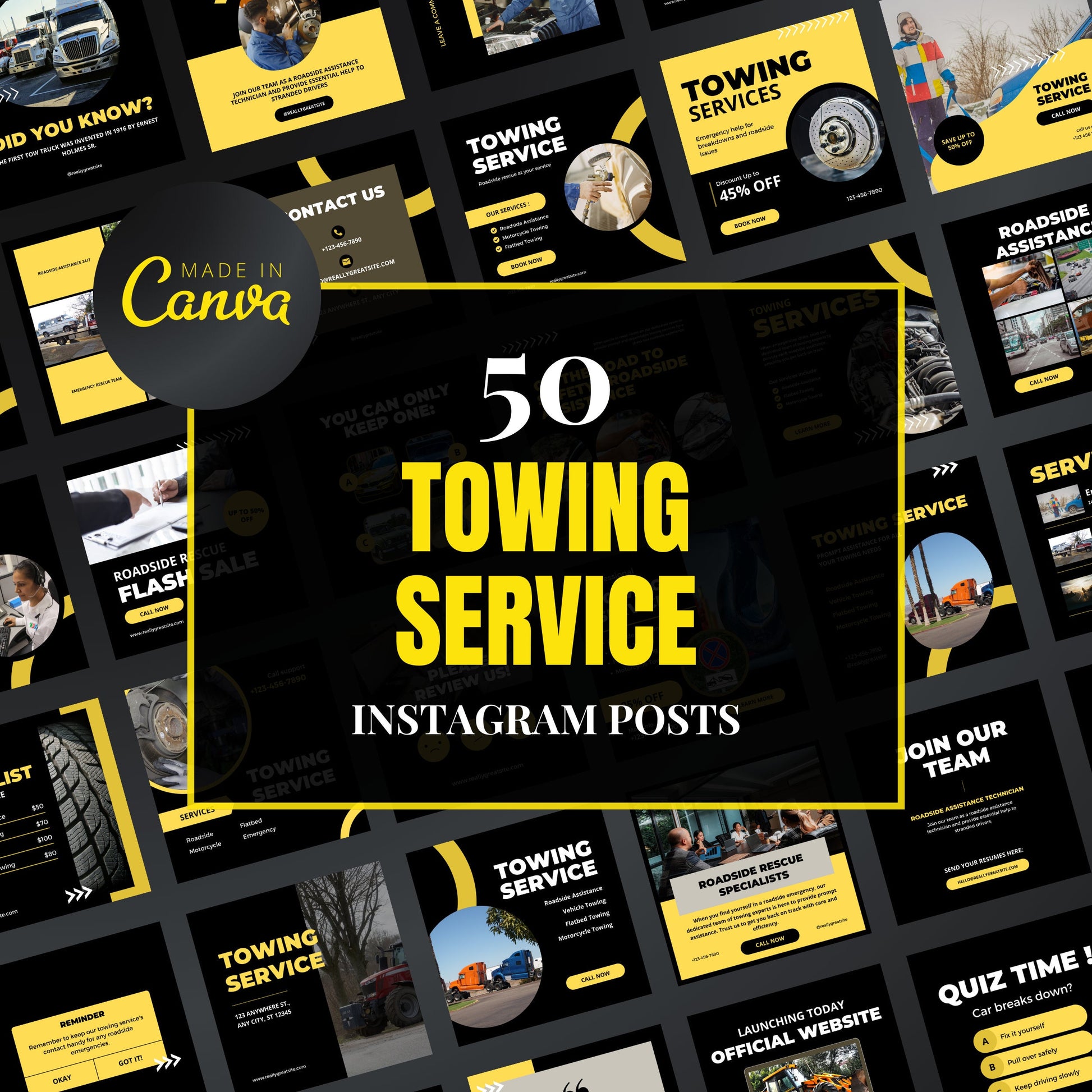 Collection of towing service Instagram post templates with yellow and black design.