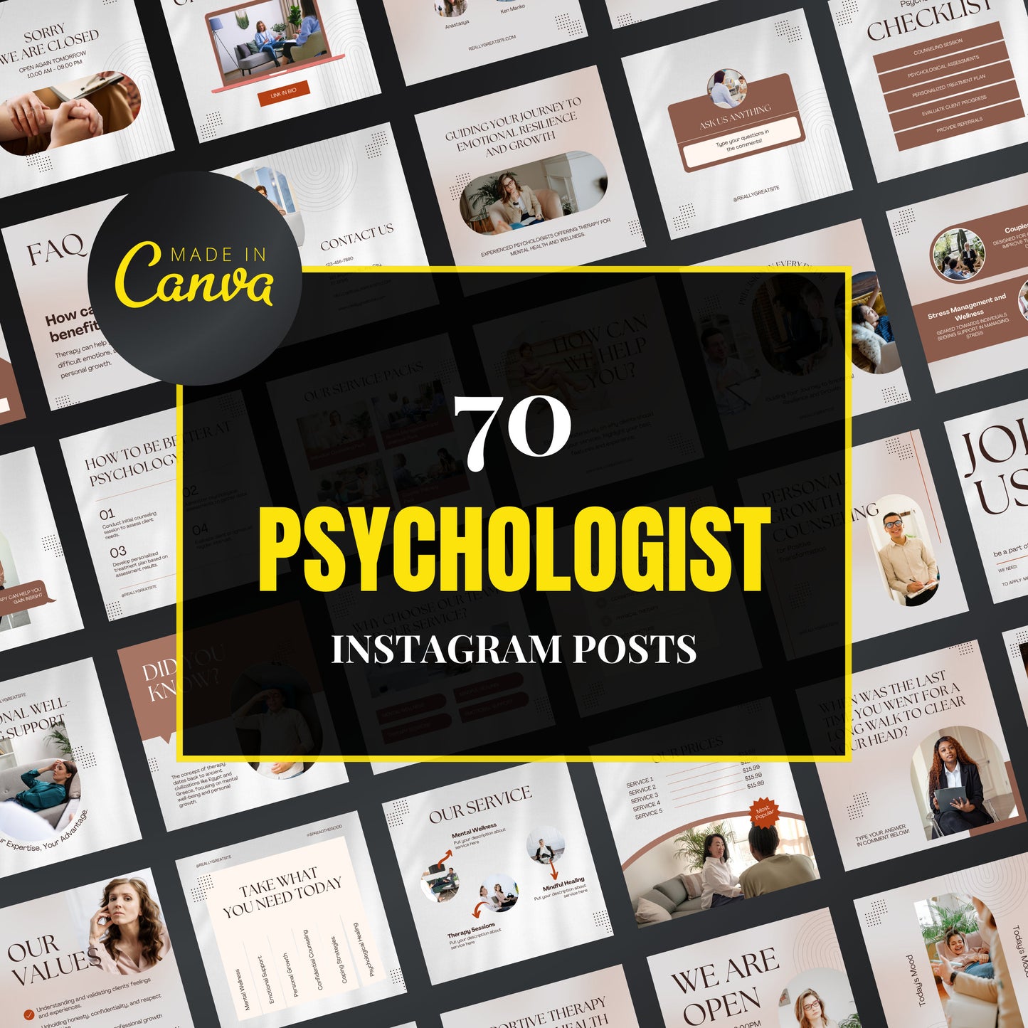 Psychologist Canva Templates | Editable Instagram Posts for Therapists & Mental Health Coaches