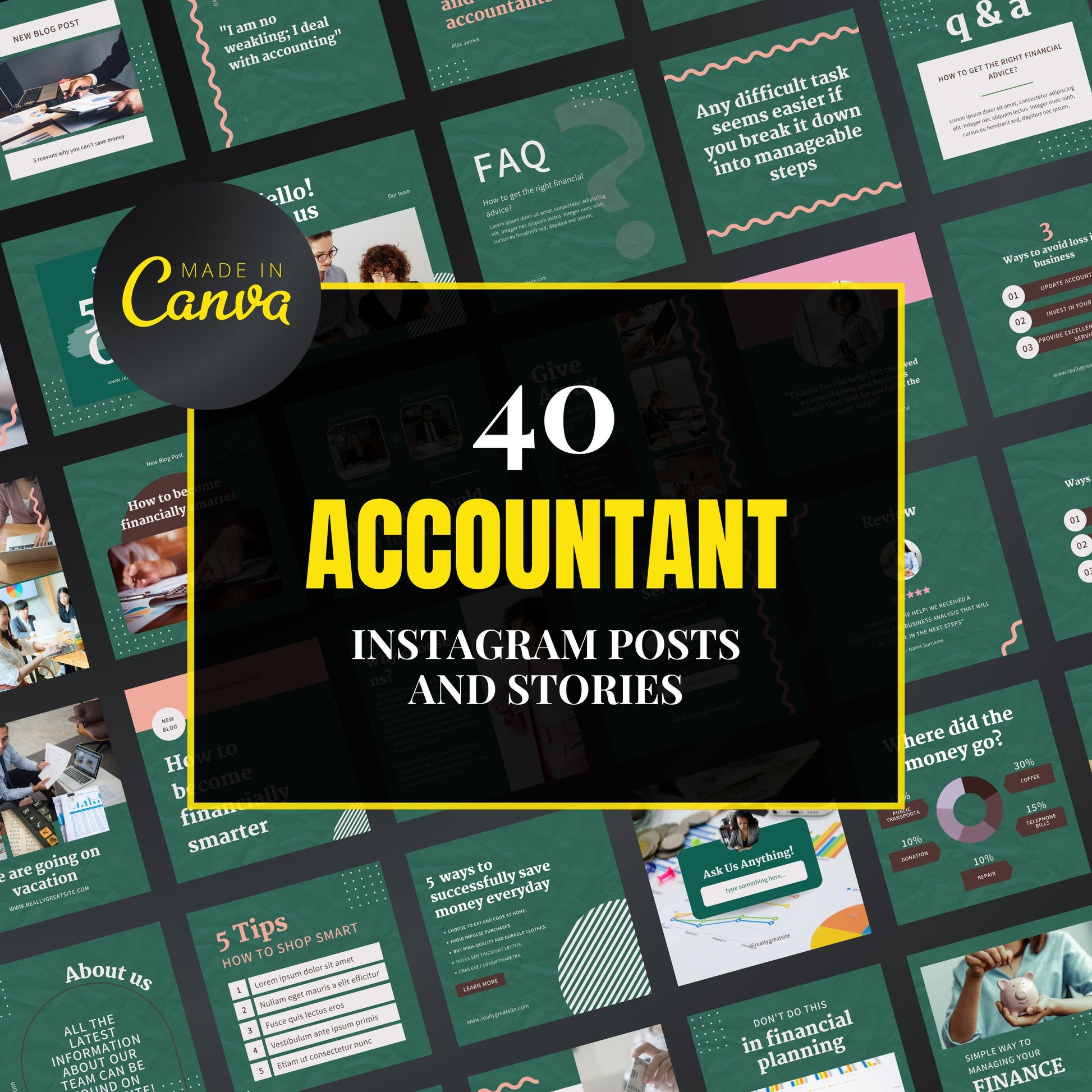 Collection of accountant-themed Instagram posts and stories with 'Made in Canva' branding.