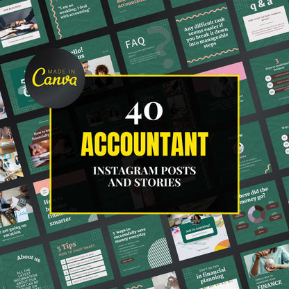 Collection of accountant-themed Instagram posts and stories with 'Made in Canva' branding.