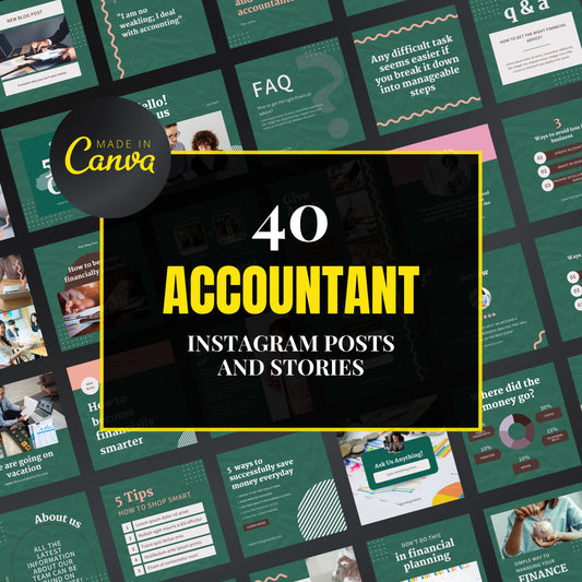 Collection of accountant-themed Instagram posts and stories with 'Made in Canva' branding.