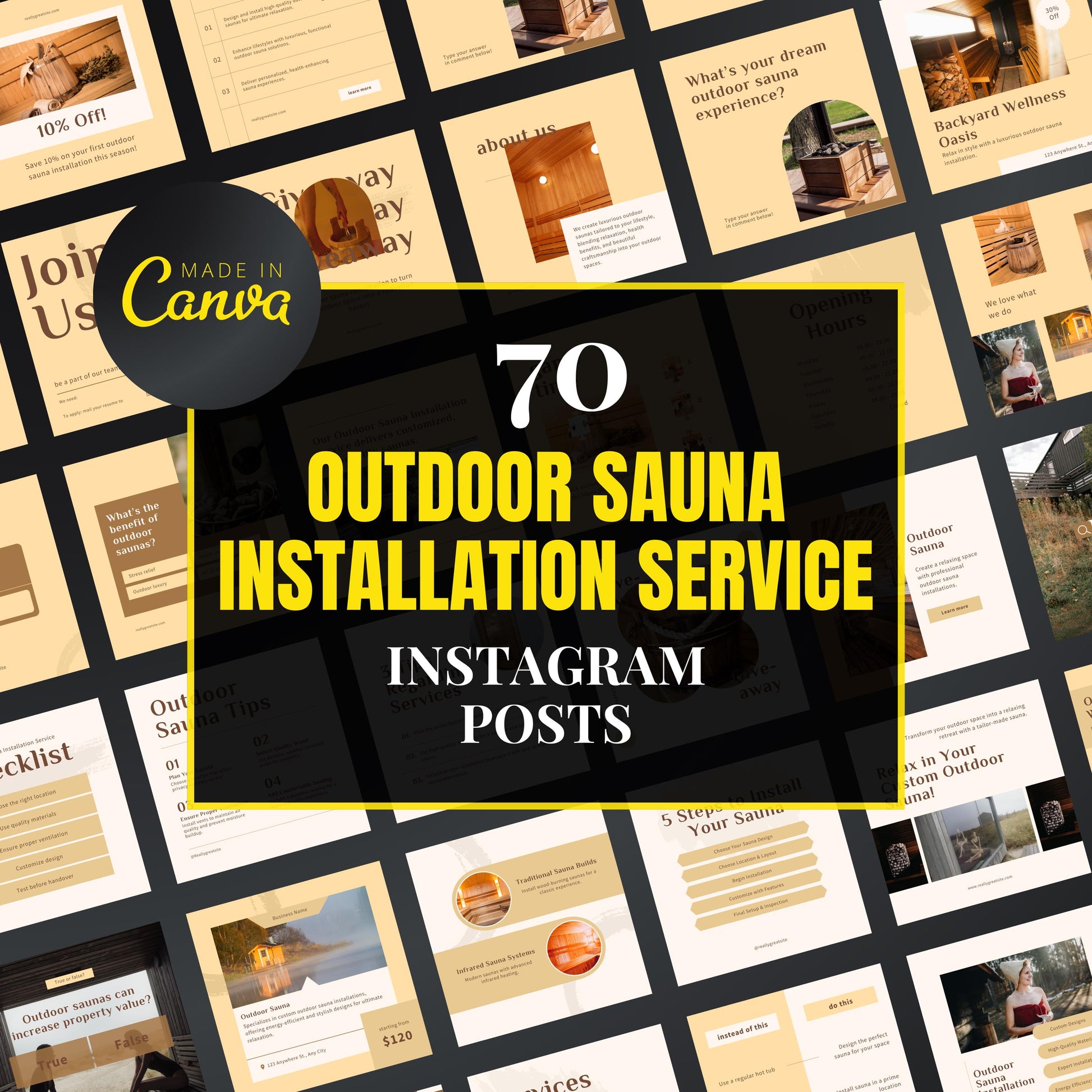 Promotional graphic for 70 outdoor sauna installation service Instagram posts with 'Made in Canva' branding.