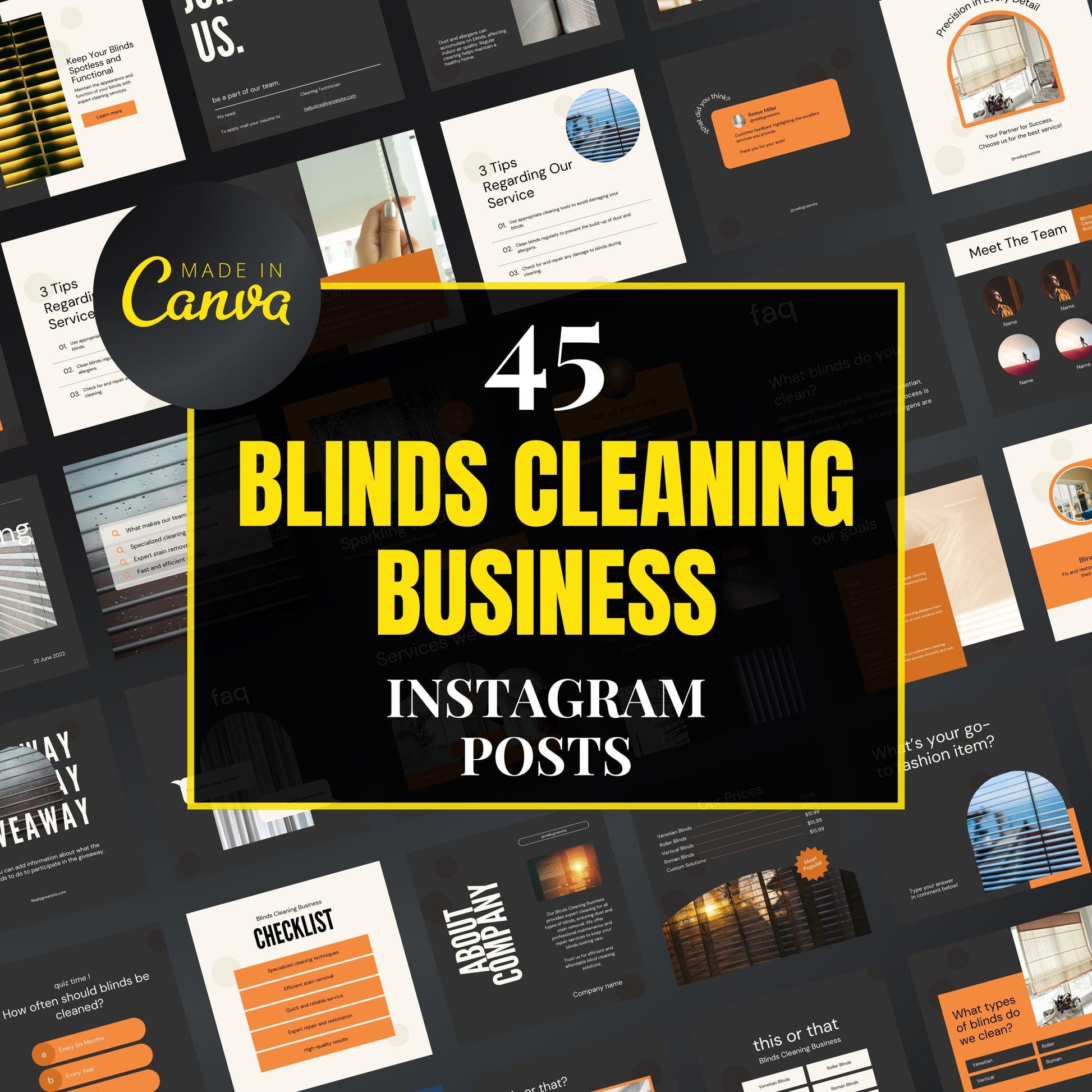 Collection of blinds cleaning business Instagram post templates with 'Made in Canva' branding.