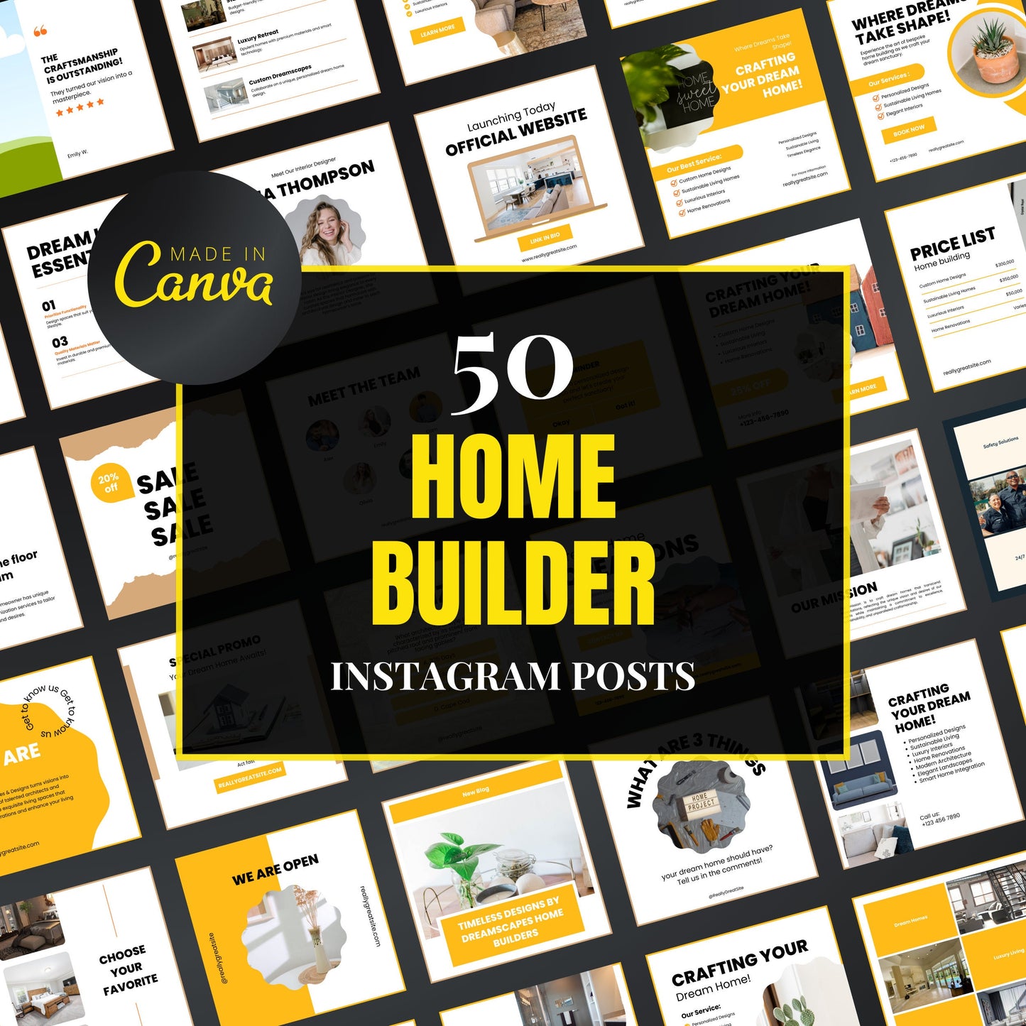 Collection of home builder Instagram posts with 'Made in Canva' branding.