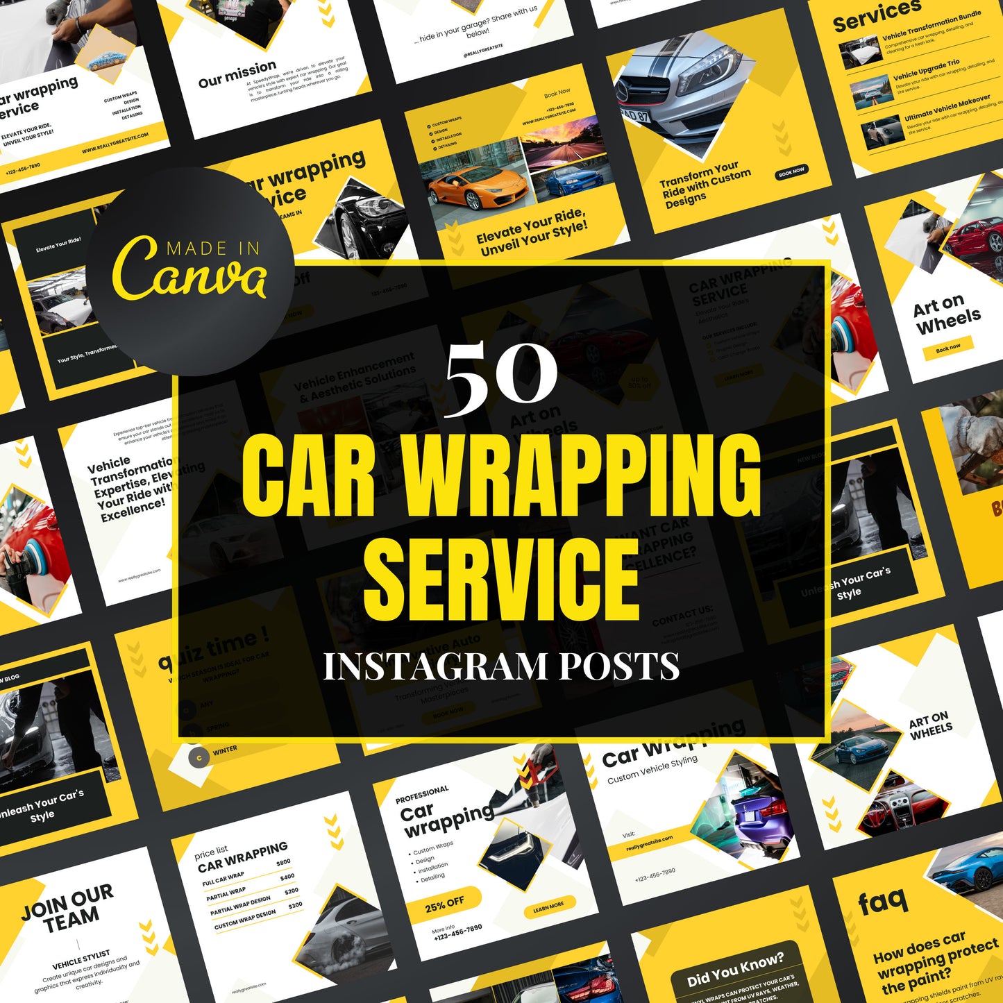 Collection of car wrapping service Instagram post templates with 'Made in Canva' branding.