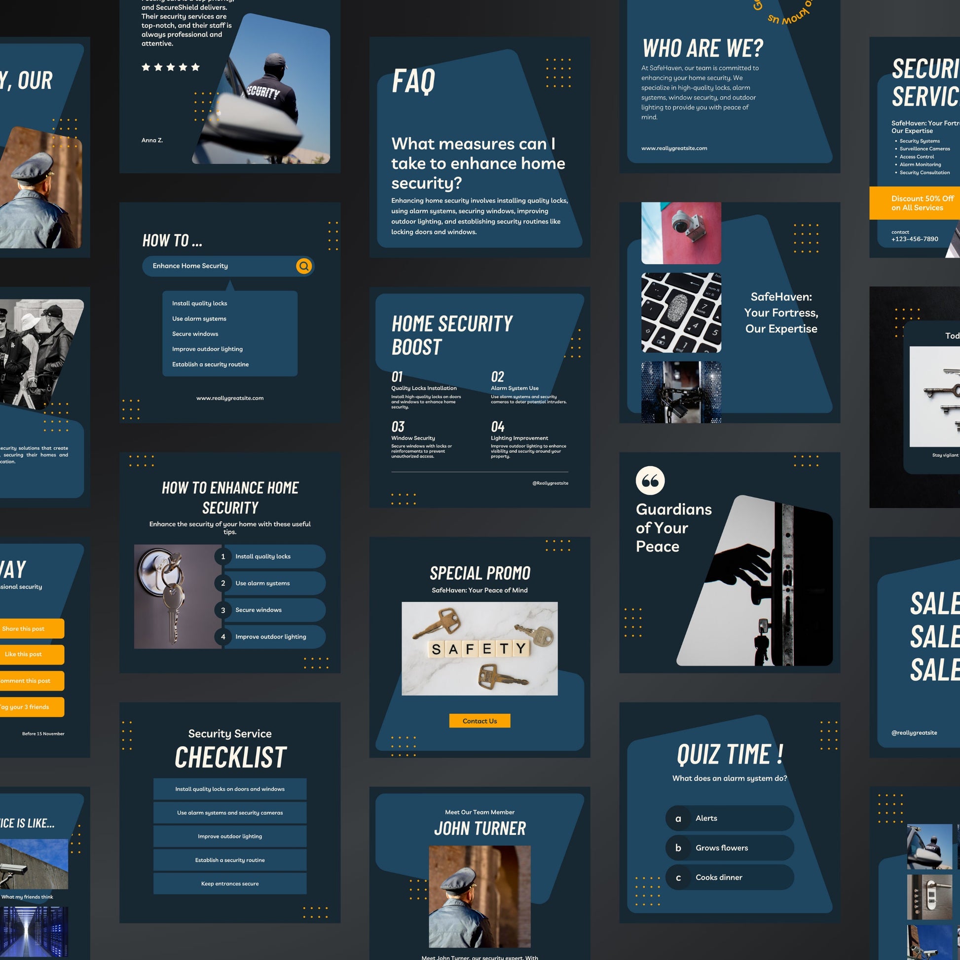 Collection of home security service promotional slides with text and images on a dark background