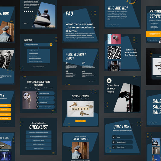 Collection of home security service promotional slides with text and images on a dark background