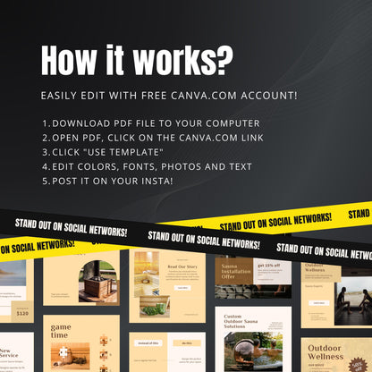 Outdoor Sauna Installation Canva Templates | Editable Instagram Posts for Sauna Services