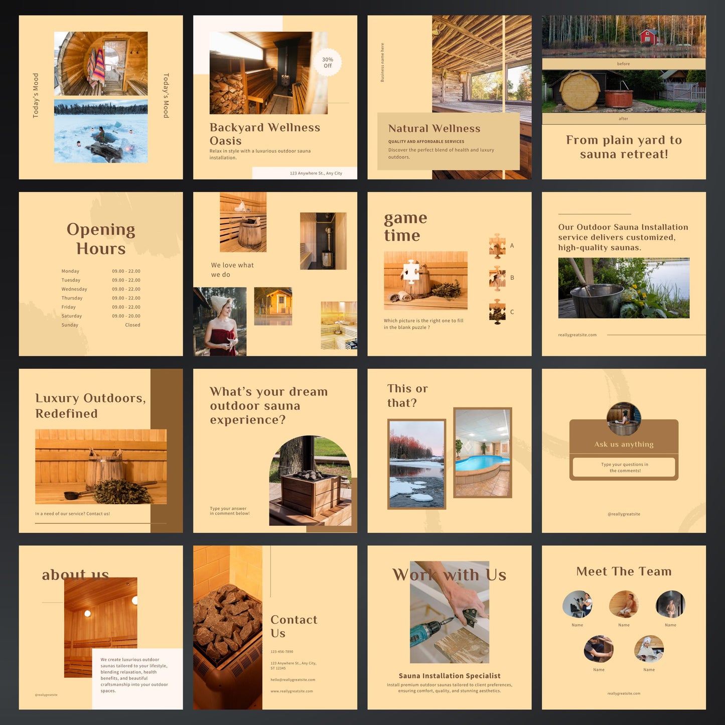 Outdoor Sauna Installation Canva Templates | Editable Instagram Posts for Sauna Services