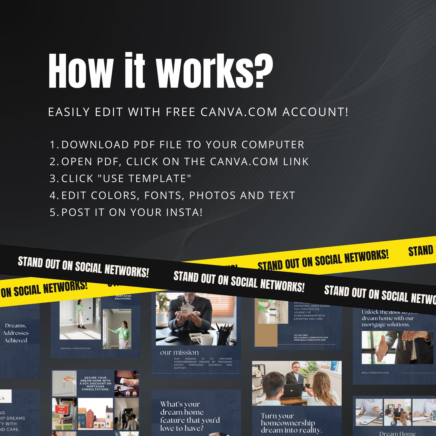 Instructions for using Canva.com to edit PDF files and post on social networks.
