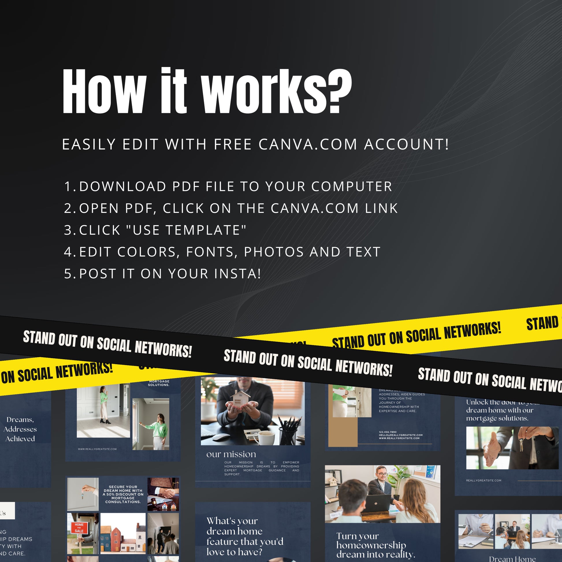 Instructions for using Canva.com to edit PDF files and post on social networks.
