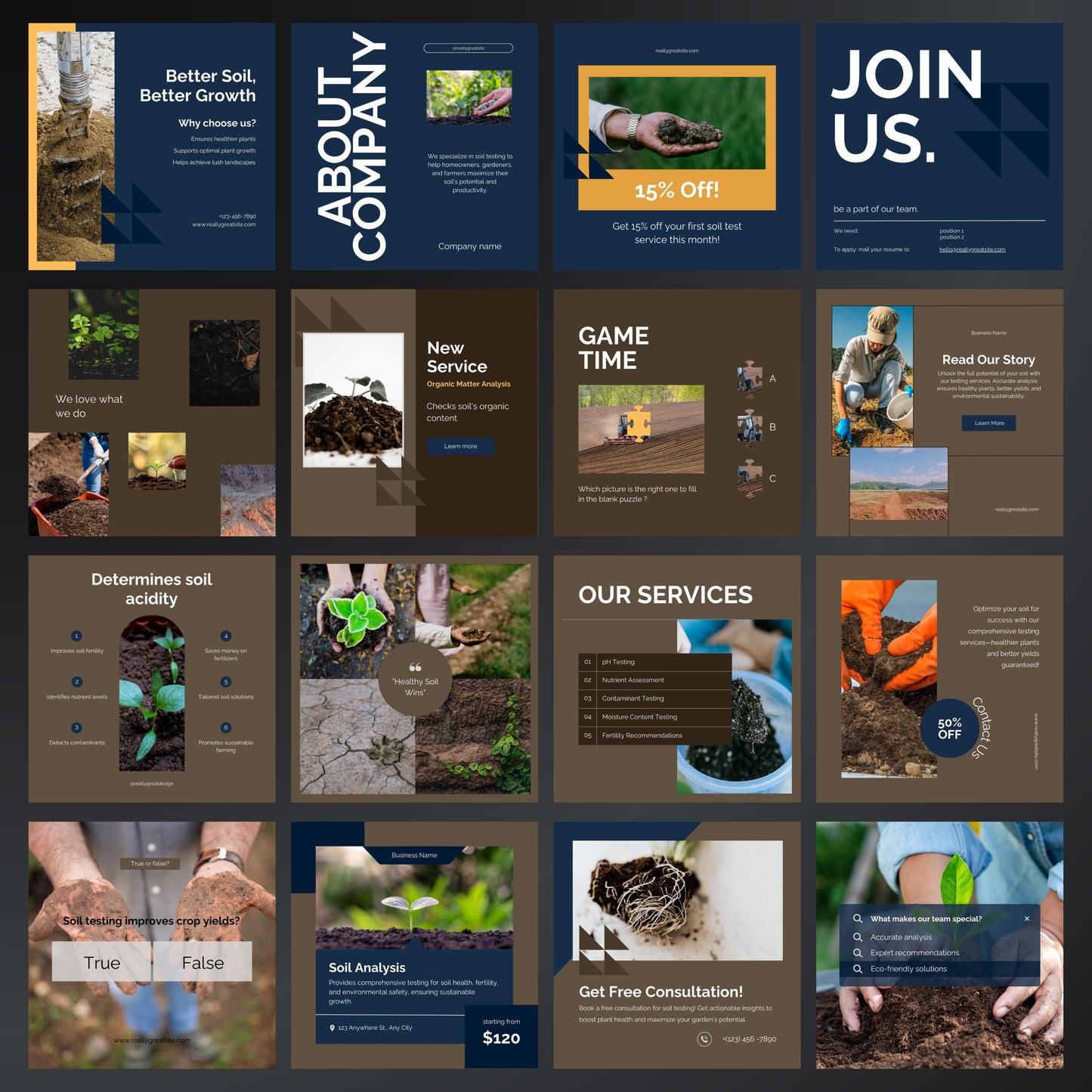Soil Testing Service Canva Templates | Editable Instagram Posts for Soil Analysis & Agriculture
