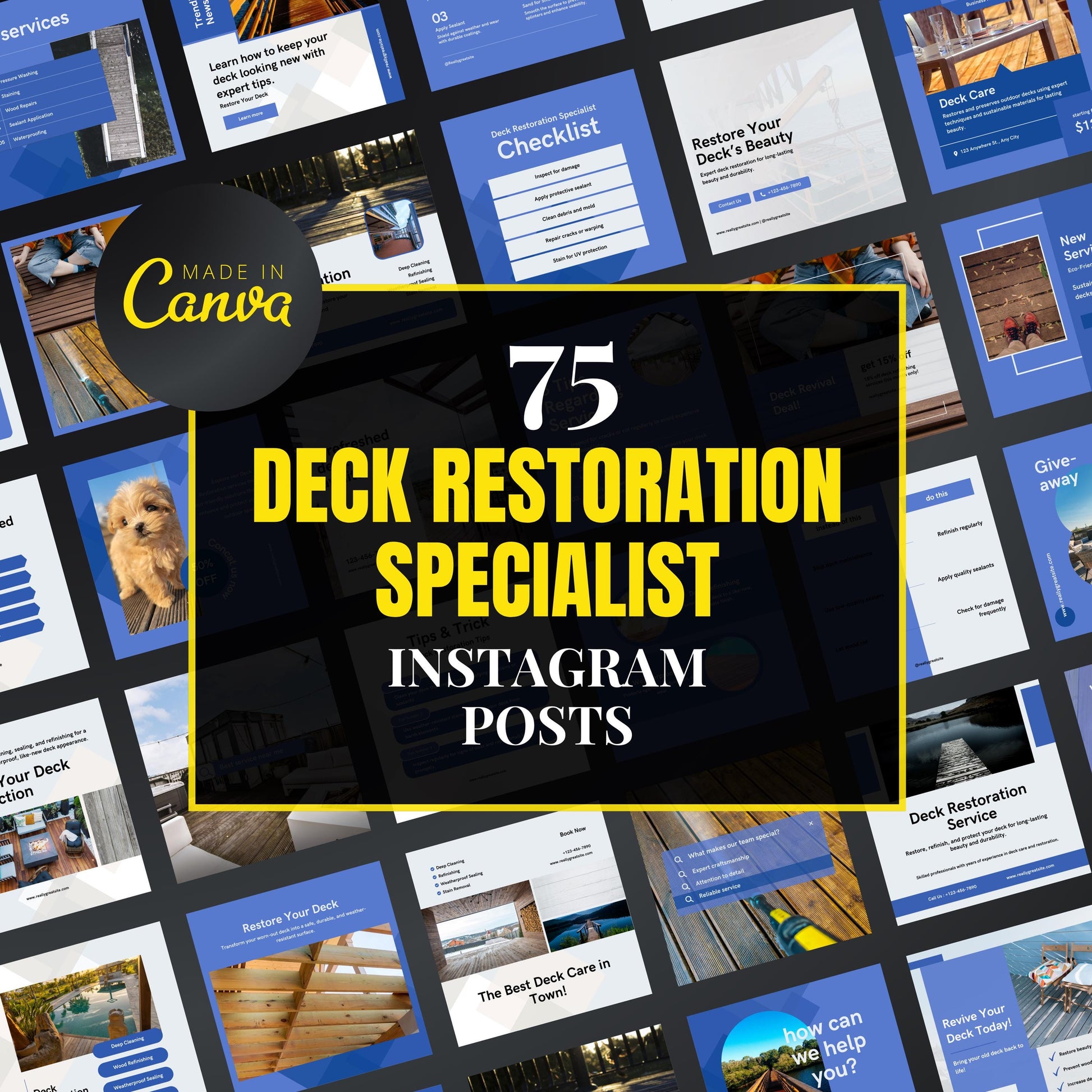 Promotional graphic for 75 Deck Restoration Specialist Instagram posts by Made in Canva.