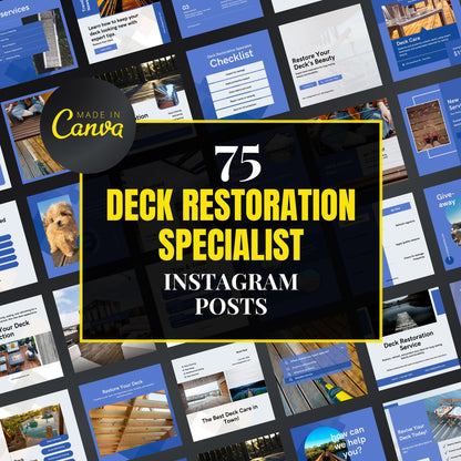 Promotional graphic for 75 Deck Restoration Specialist Instagram posts by Made in Canva.
