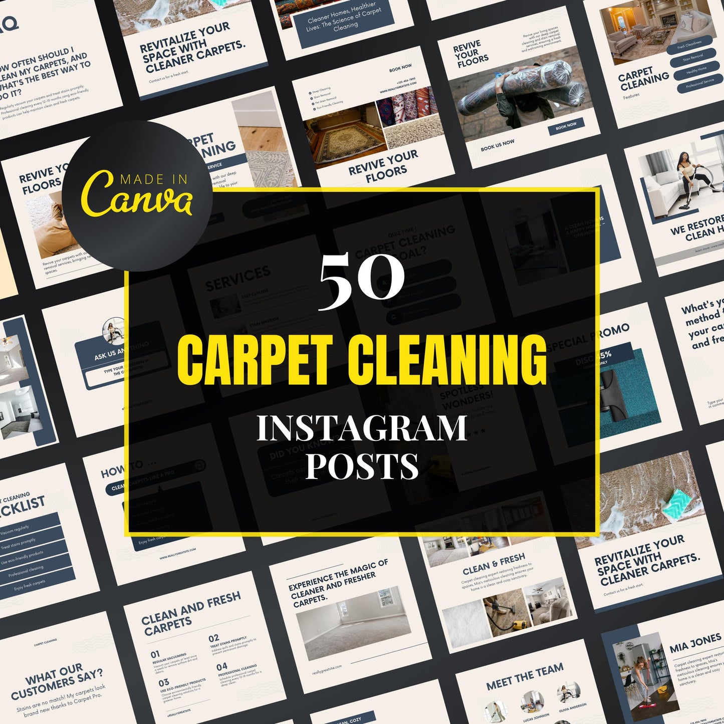 Collection of carpet cleaning Instagram post templates with 'Made in Canva' logo.