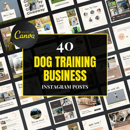 Collection of dog training business Instagram posts with 'Made in Canva' branding.