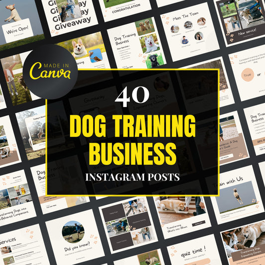 Collection of dog training business Instagram posts with 'Made in Canva' branding.