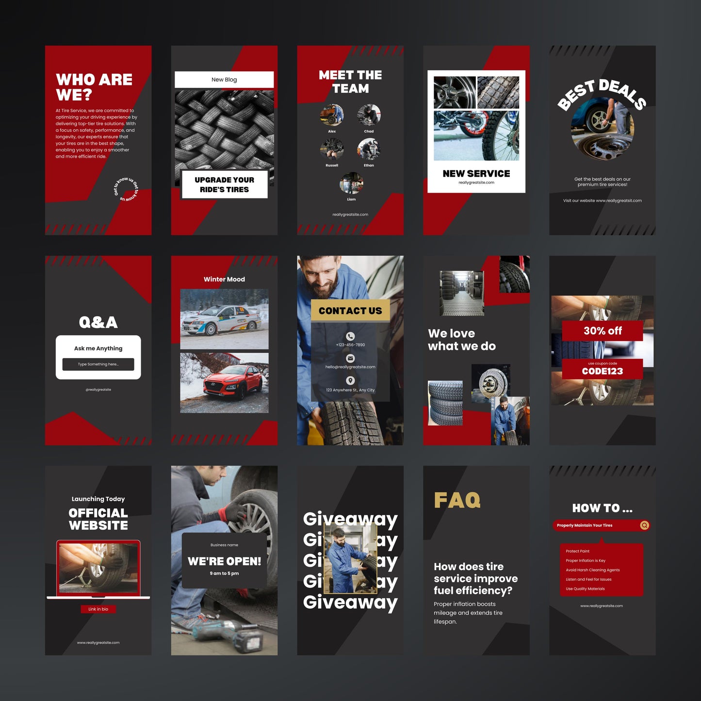 Tire Service Canva Templates | Editable Instagram Stories for Tire Shops & Auto Mechanics