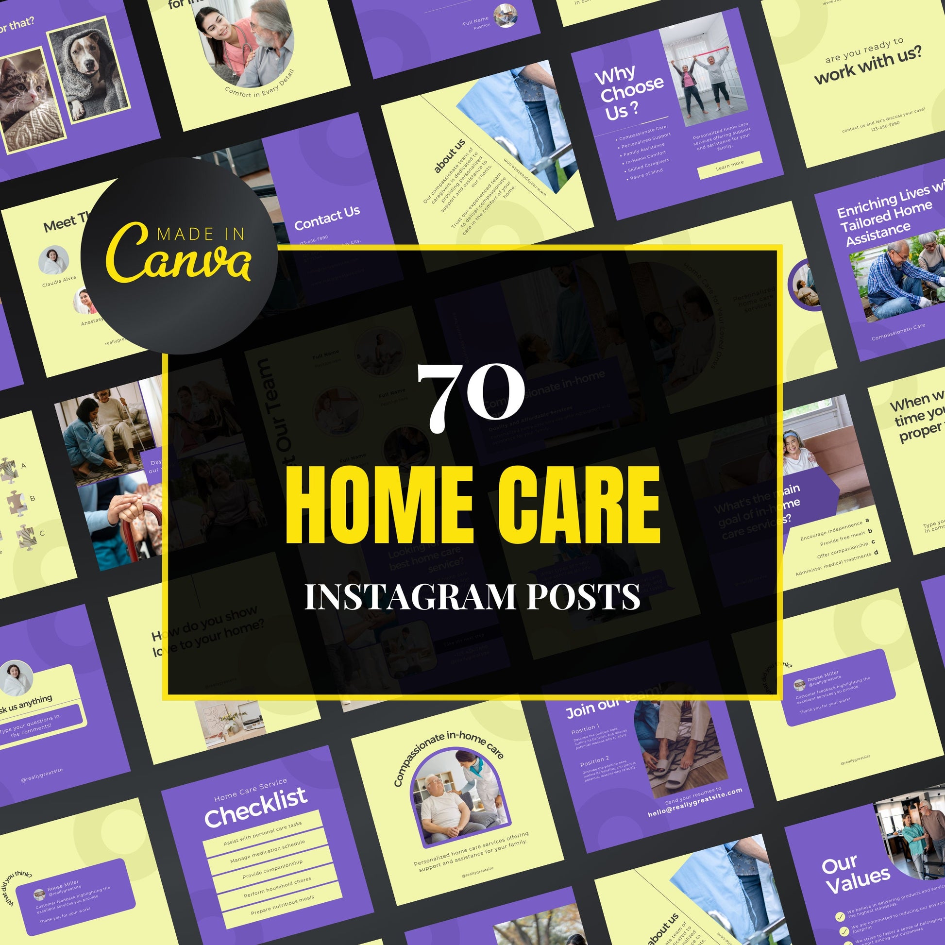 Collection of home care Instagram post templates with 'Made in Canva' branding.