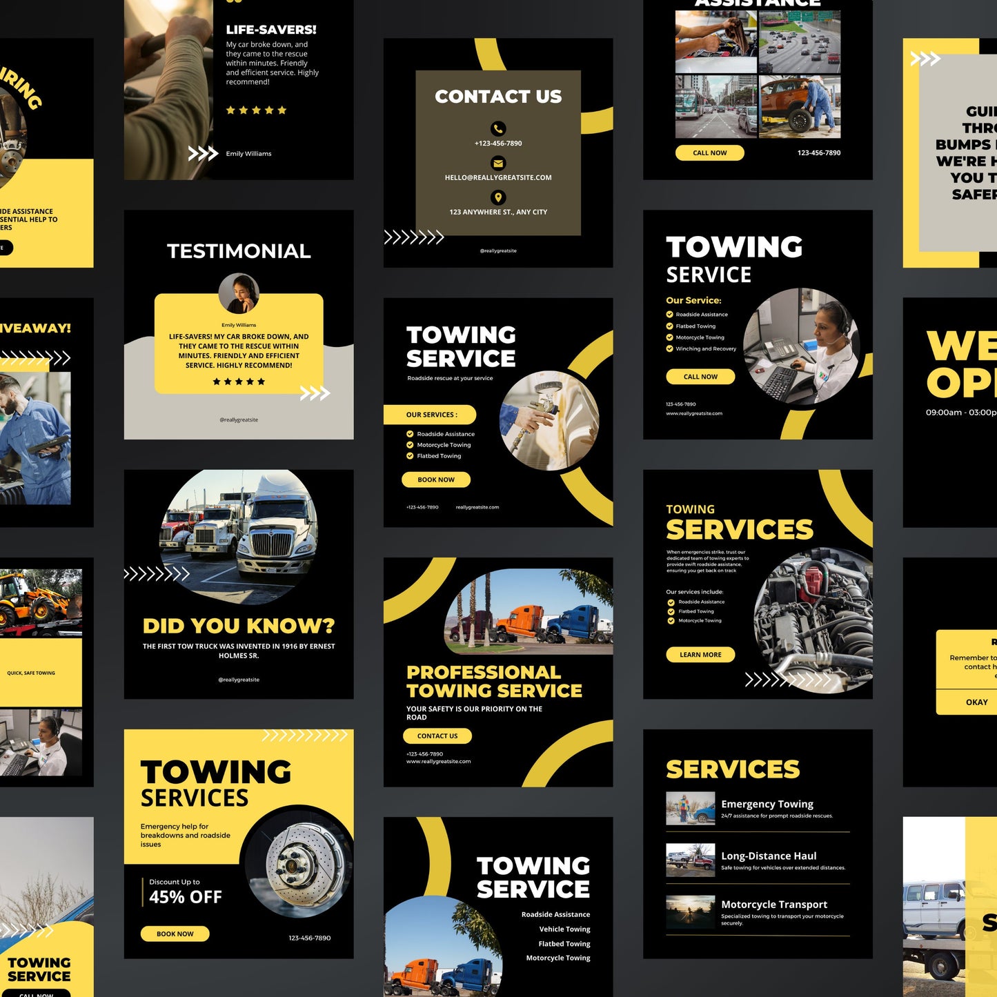 Towing Service Canva Templates | Editable Instagram & Facebook Posts for Auto Towing Companies