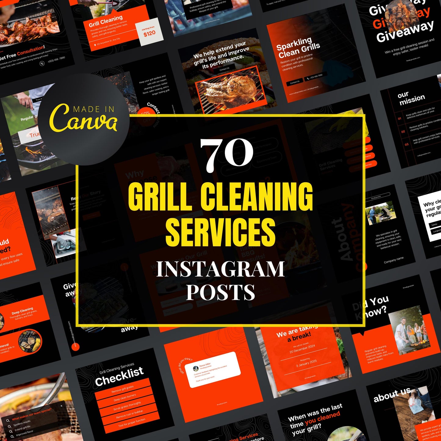 Promotional graphic for 70 grill cleaning services Instagram posts made with Canva.