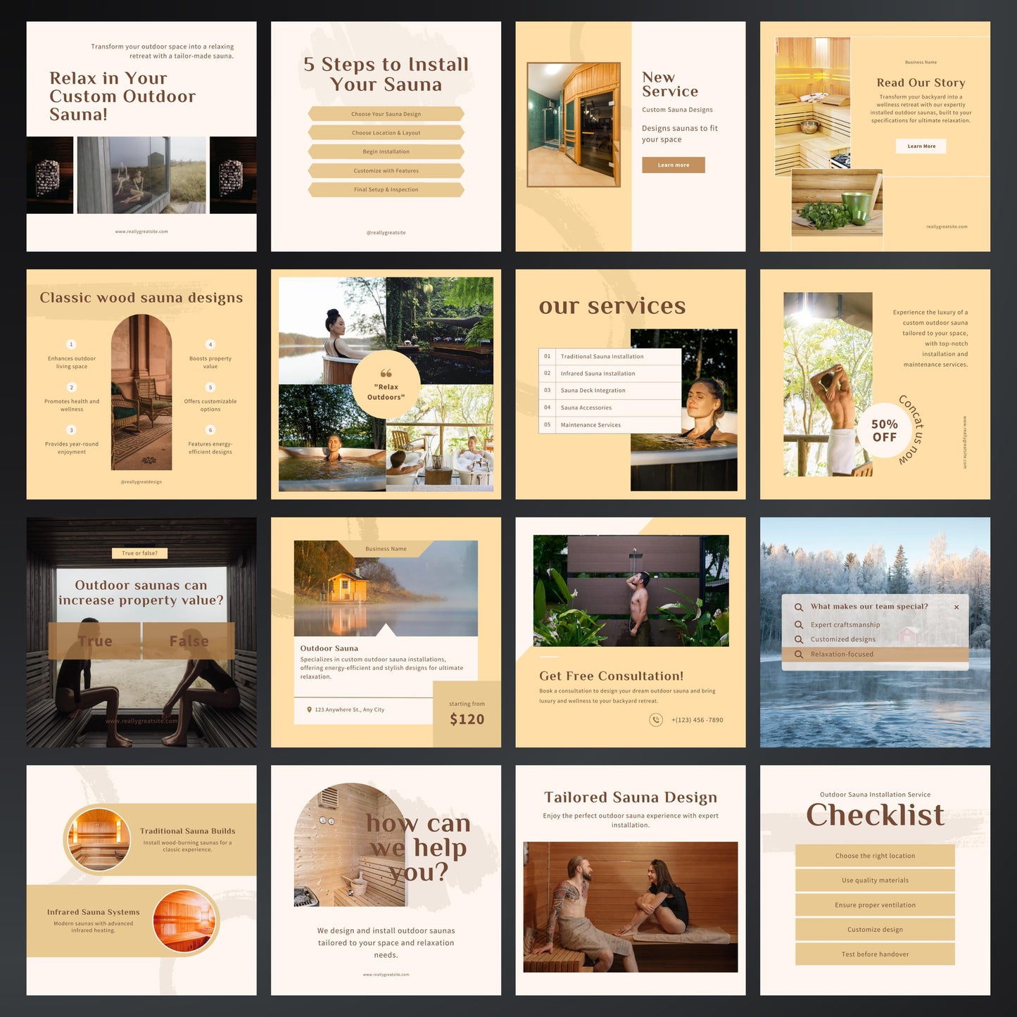 Outdoor Sauna Installation Canva Templates | Editable Instagram Posts for Sauna Services