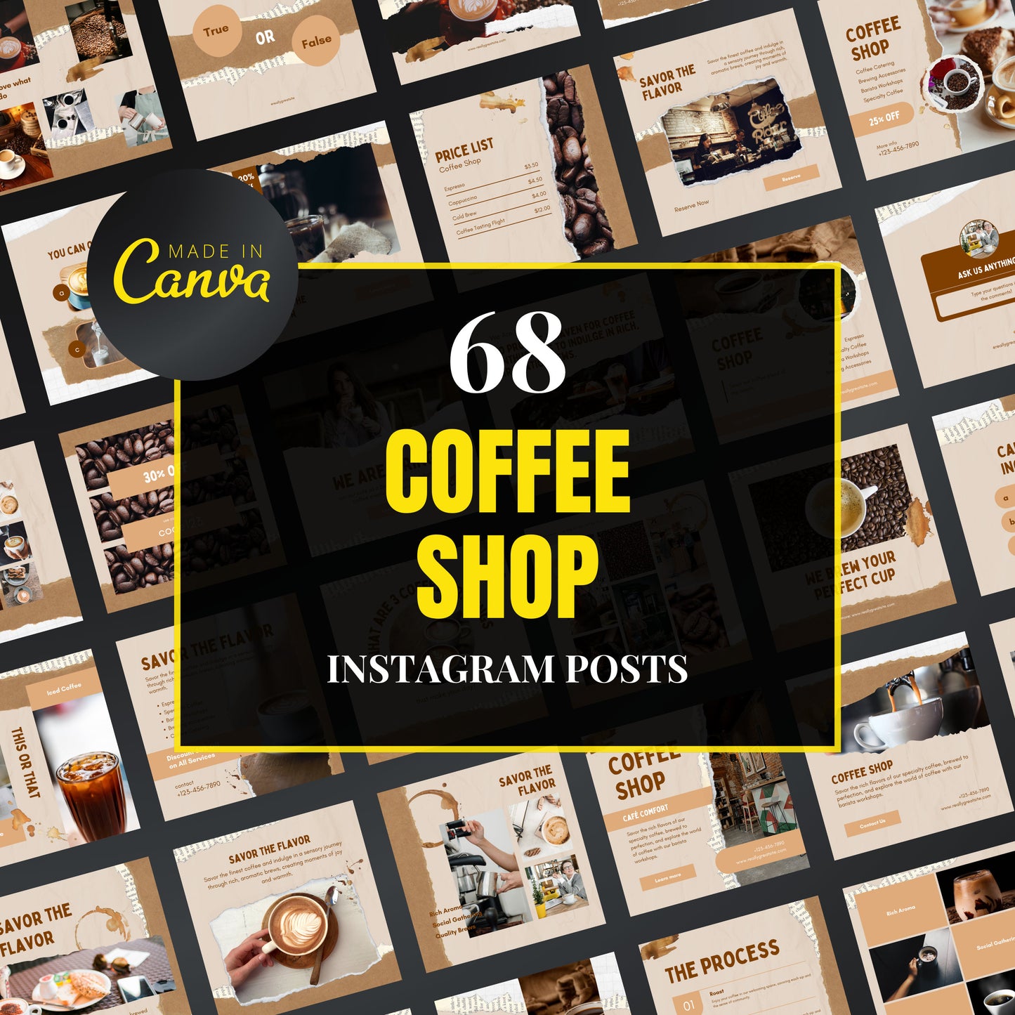 Collage of coffee shop-themed Instagram post templates with 'Made in Canva' branding.