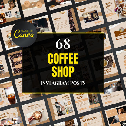 Collage of coffee shop-themed Instagram post templates with 'Made in Canva' branding.