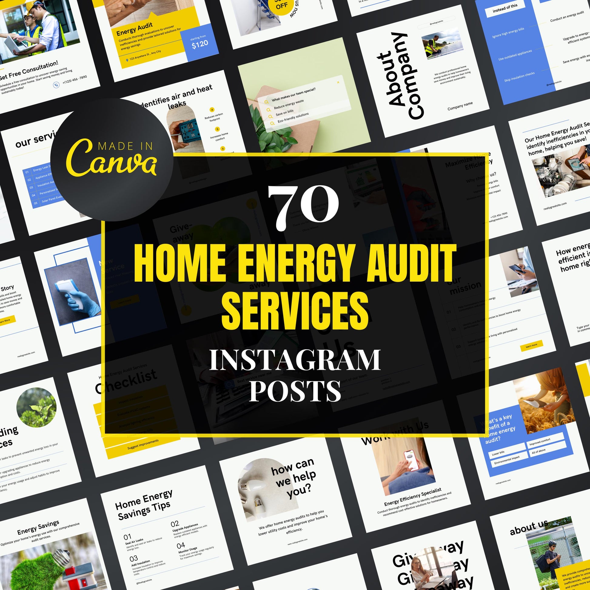 Promotional graphic for 70 Home Energy Audit Services Instagram posts by Made in Canva.
