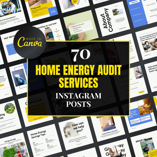 Promotional graphic for 70 Home Energy Audit Services Instagram posts by Made in Canva.
