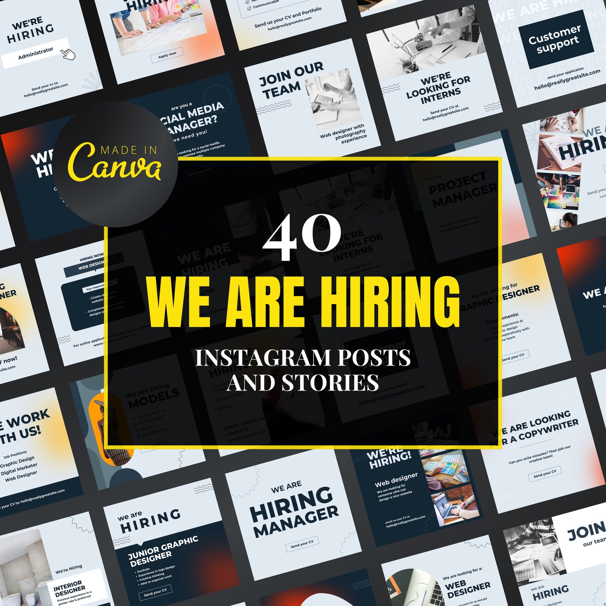 Collection of 'We Are Hiring' Instagram posts and stories with 'Made in Canva' branding.