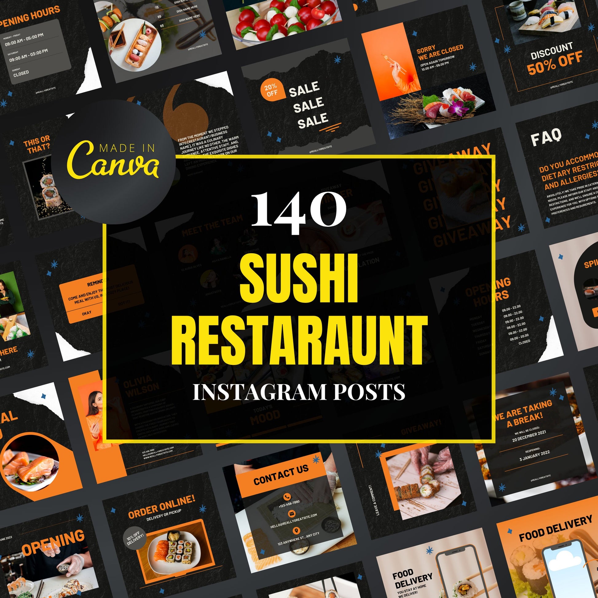 Collection of sushi restaurant Instagram posts with promotional text on a black background, featuring the 'Made in Canva' logo.