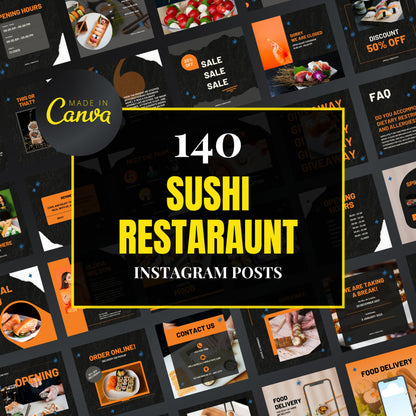 Collection of sushi restaurant Instagram posts with promotional text on a black background, featuring the 'Made in Canva' logo.