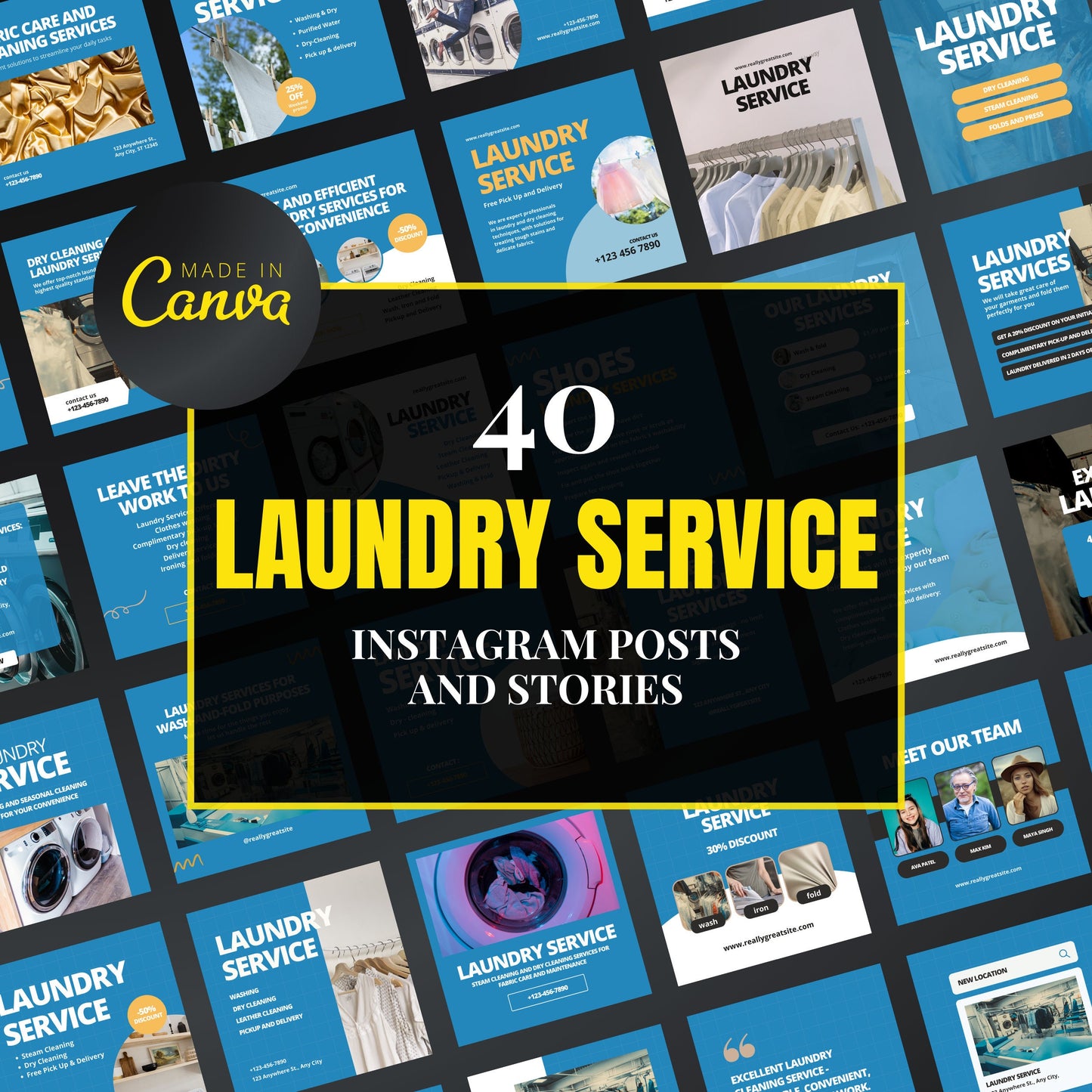 Collection of laundry service Instagram posts and stories templates with 'Made in Canva' branding.