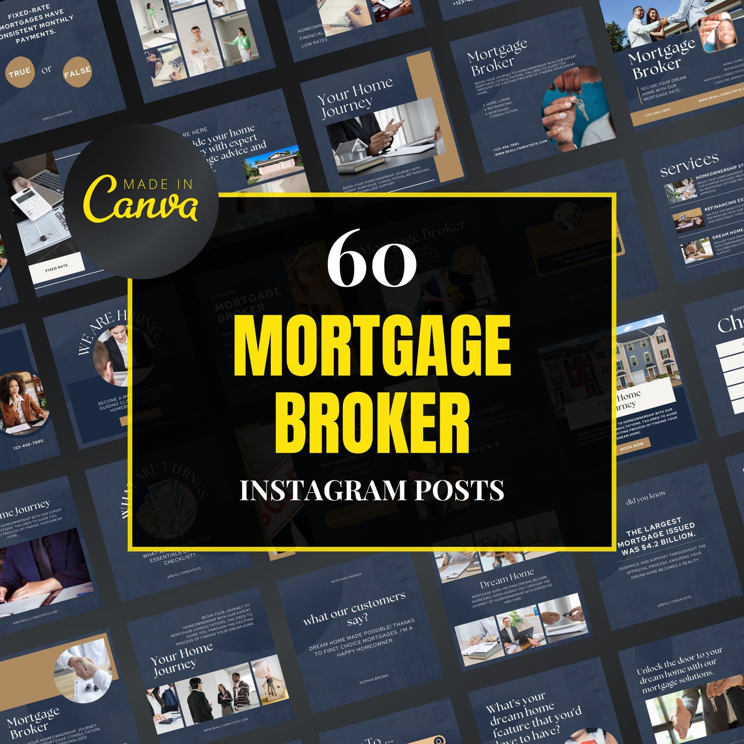 Collection of mortgage broker Instagram posts with 'Made in Canva' branding.