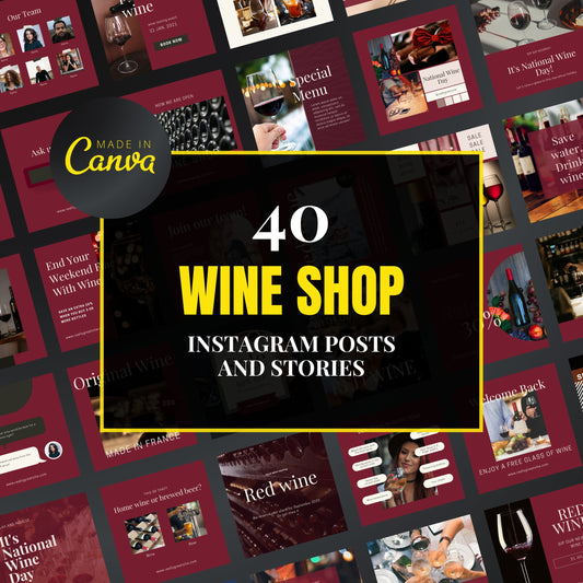 Collection of wine shop Instagram posts and stories with 'Made in Canva' branding.