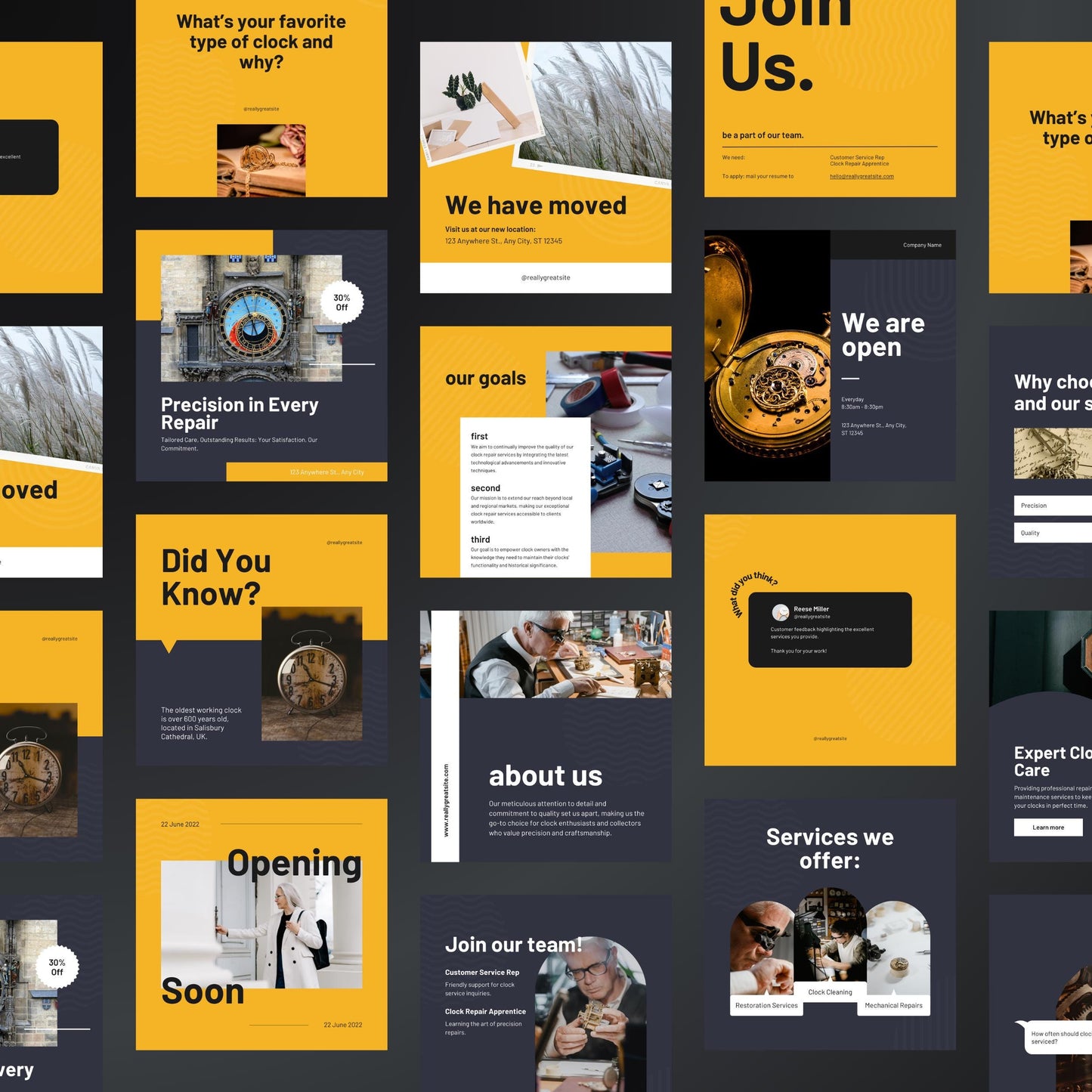 Clock Repair Canva Templates | Editable Instagram Posts for Watch & Clock Services
