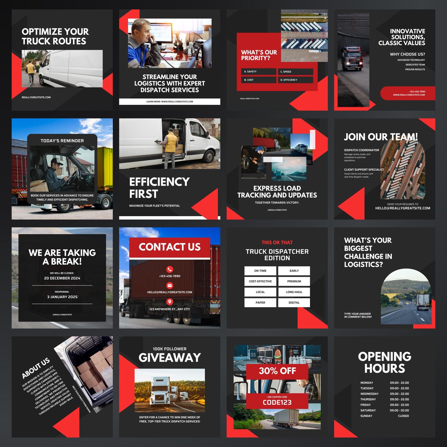 Collection of promotional graphics for a logistics company with various elements like truck images, text, and contact information.