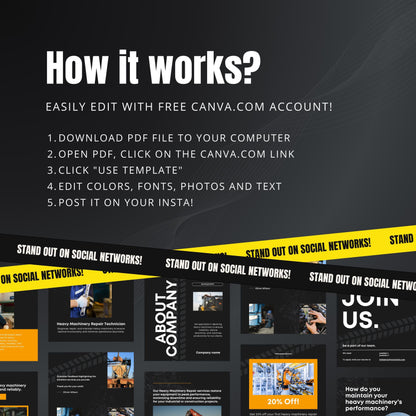 Heavy Machinery Repair Canva Templates | Editable Instagram Posts for Equipment & Industrial Services