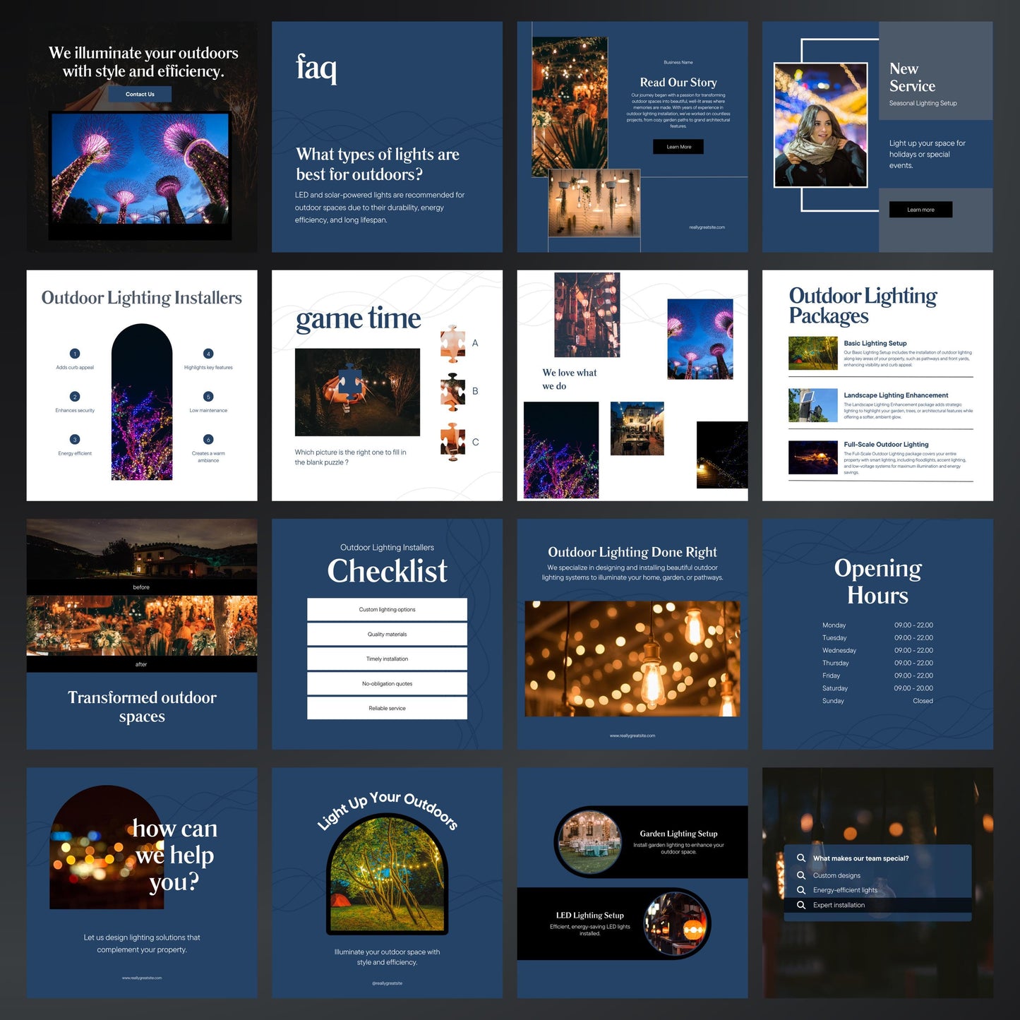 Outdoor Lighting Canva Templates | Editable Instagram Posts for Landscape & Holiday Lighting